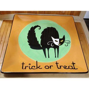 Halloween TRICK OR TREAT Black Cat Appetizer Platter Tray JENNIFER CLARK 13"